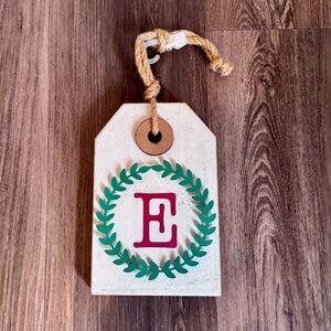 Christmas Letter E Monogram Wreath Wooden Tag Sign